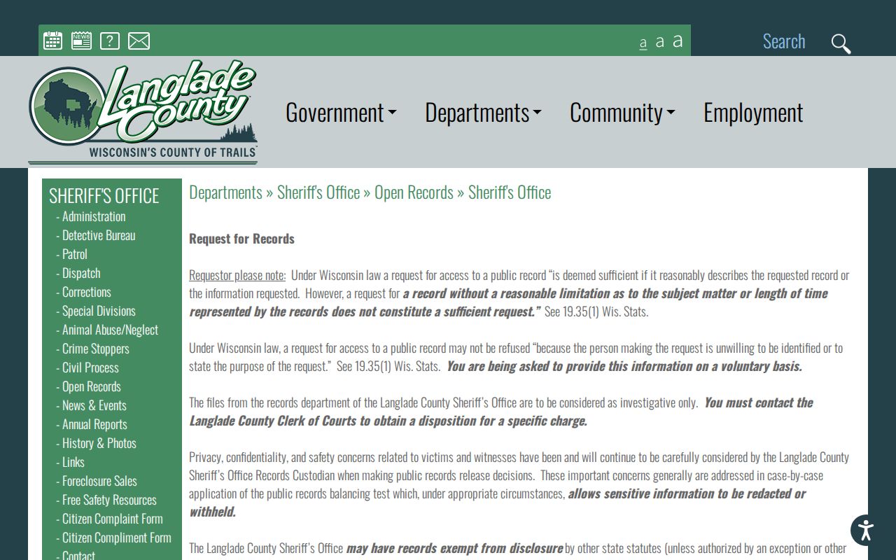 Langlade County arrest report open records process