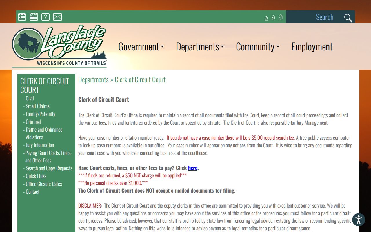 Langlade County court case lookup at the Clerk of Circuit Court