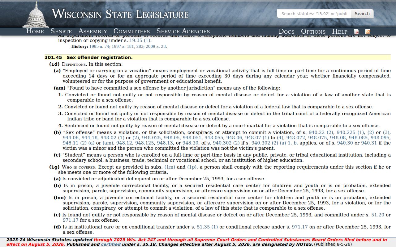 Wisconsin sex offender registration statute section 301.45