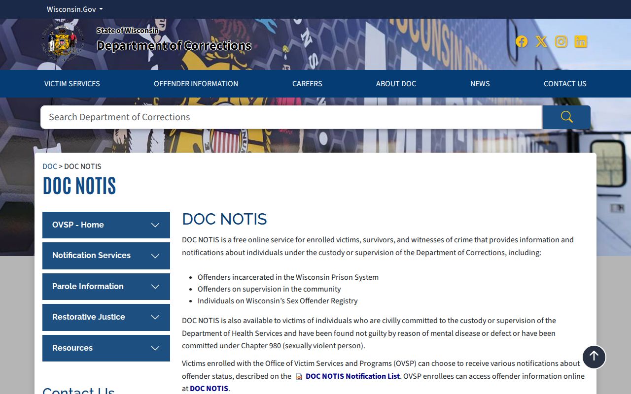 Wisconsin DOC NOTIS victim notification service information